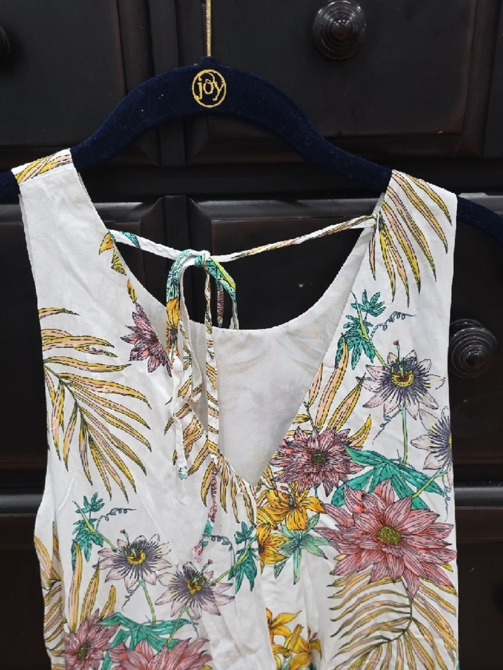 Umgee White Tank Dress with Pink, Green & Gold‎ Tropical Print - Picture 2 of 4